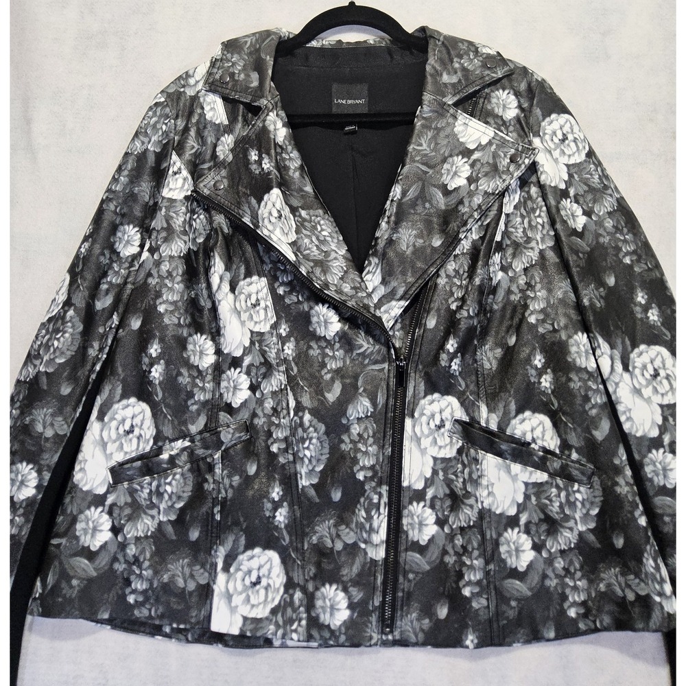 Lane Bryant Moto Jacket 14/16 L/XL‎ Faux Leather Black White Floral Whimsigoth